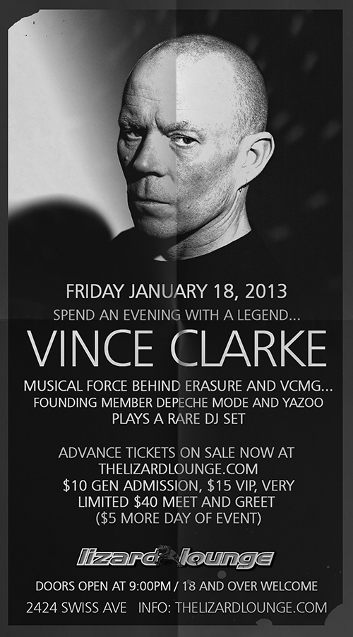 friday jan 18th 2013 vince clarke at the world famous lizard lounge flyers tickets january 18th